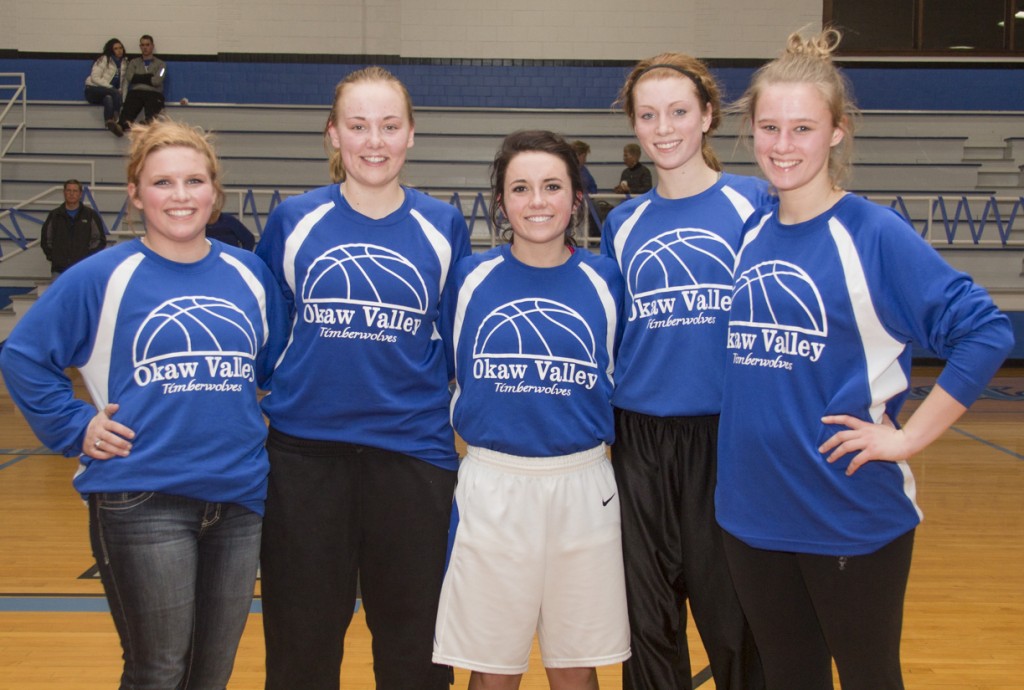 Photo by Keith Stewart Pictured are this year’s Okaw Valley girls’ varsity basketball seniors who were celebrated Monday night. From left to right: Kali Forsyth, Amy Orris, Paige Harlin, Amanda McClain, and Savannah Birch. The Lady Timberwolves fell to Arcola 35-28.