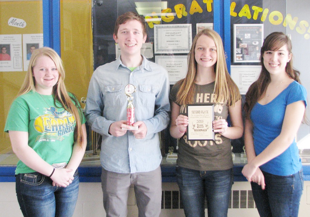 Submitted Team Quest Places Second Windsor High School’s Team Quest team recently traveled to Mt. Vernon and placed second in regionals. They advance to the finals in April, which will be held in Chester. Pictured (L to R): Katie Greuel, Uriah Jones, Kristen Morlen, and Melanie Adams.