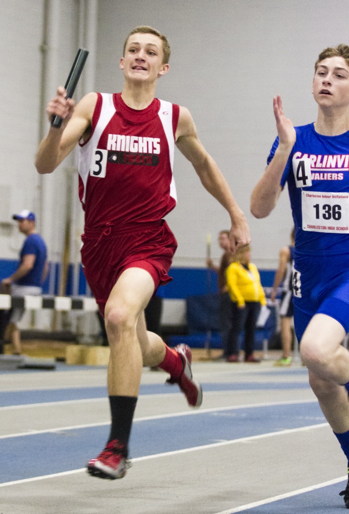 Photo by Keith Stewart ALAH junior Jakob Brewer rounds the final turn of the 4x200 relay, which finished 22nd. Brewer also competed in the 60m hurdles, in which he placed sixth with a time of 9.31 seconds.