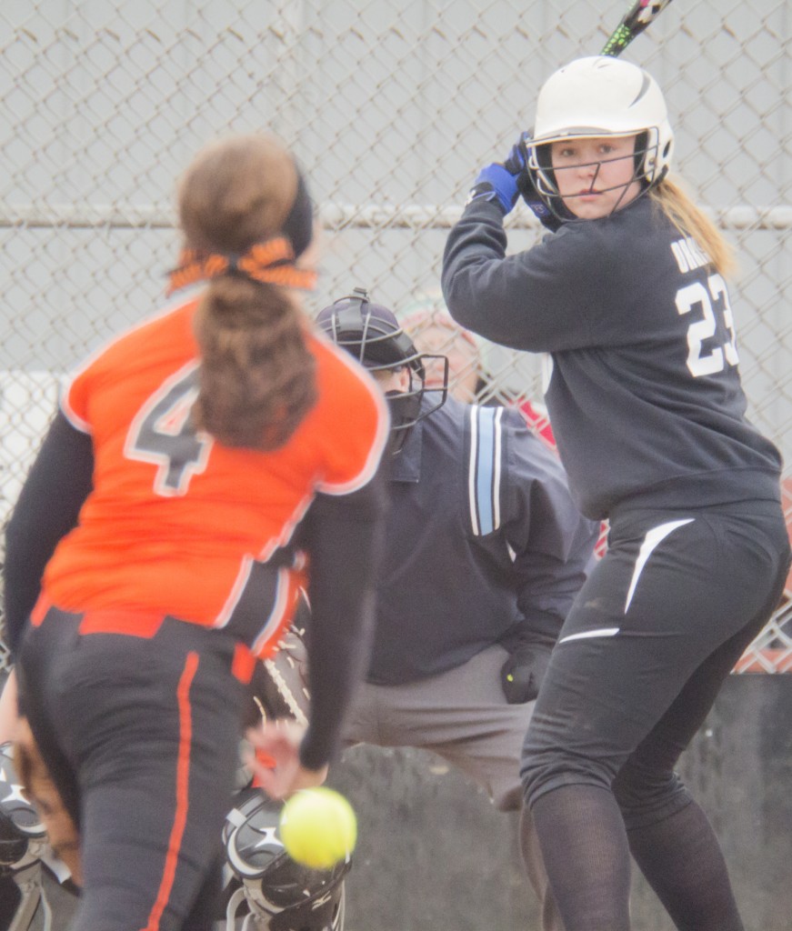 Photo by Keith Stewart Amy Orris eyes a pitch last Wednesday evening in Bethany. Orris had two solid at-bats to bring in a couple of the Timberwolves’ runs.