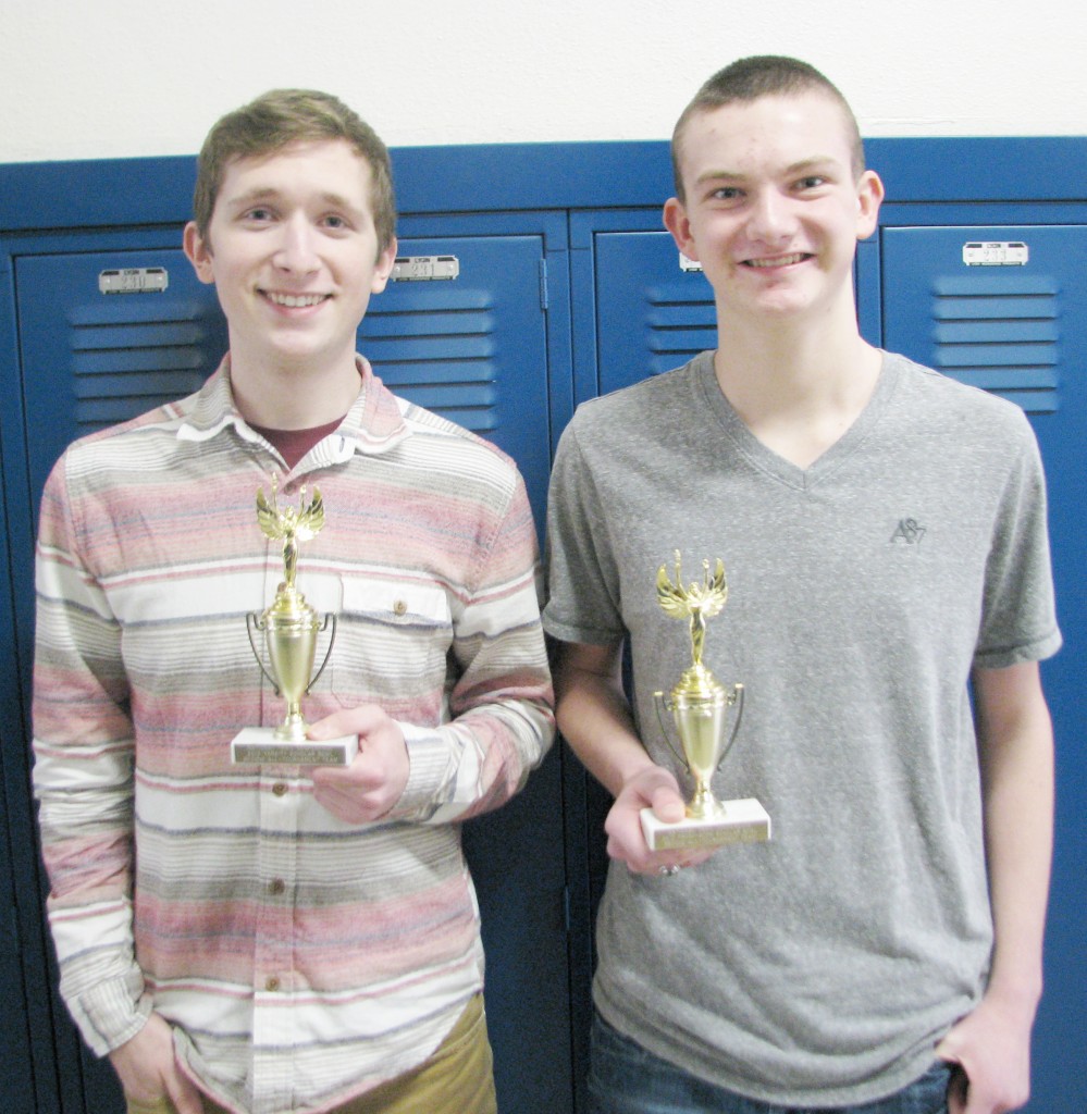 Submitted All-Conference Scholastic Bowl Uriah Jones, (left) a senior from Windsor High School and Sterling Howard, (right) a sophomore, both received a trophy for making scholastic bowl second team all conference. Uriah competed on the varsity team and Sterling on the fresh-soph team.  They were among the top 10 scorers of the NTC conference for the scholastic bowl season.