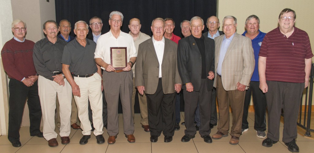 Photo by Keith Stewart Pictured are individuals who either played for the Sullivan Chiefs or a team just prior to their formation in 1970 who were present at this past Saturday’s hall of fame induction in Decatur. Back row, left to right: Carl Fieldbinder, Harold Martin, Barry Freeman, manager Ron (Sox) Sutton, Mark Wascher, Danny Green, Jerry Lane, and “Iron” Mike Shelton. Front row: Gary Yoder, Dean Mitchell, Larry Morrison, Richard Maxedon, Charlie Bland, Mike Orris, and Terry Phillips (team announcer and son of the late Joe Phillips). Not pictured is Buster Chumbley.