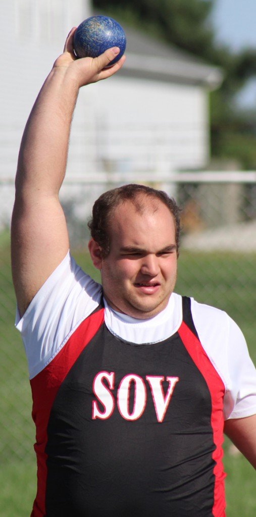 Photo by RR Best SOV’s Jed Wheeler eyes the shot put area moments before his throw Friday in Arthur. Wheeler finished 15th out of 28 with a throw of 34 feet, 3 1/2 inches.