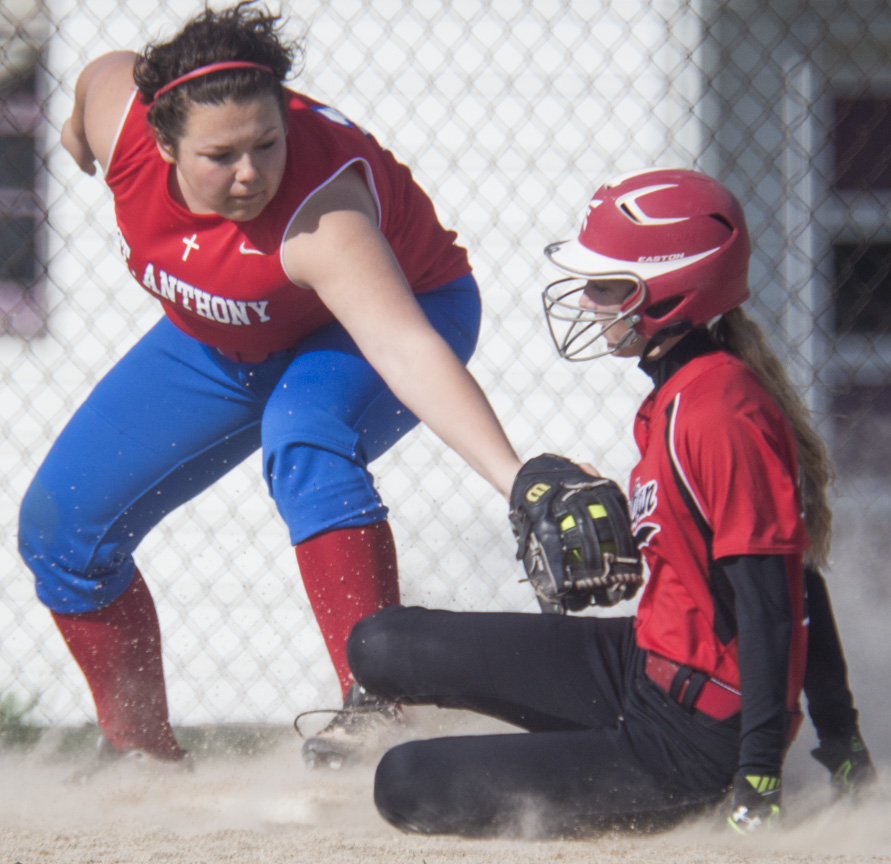 Photo by Keith Stewart Sullivan sophomore Bailee Pratt slides in safely to third Tuesday evening. Pratt’s walk-off RBI in the fifth sealed the Lady Redskins’ 14-3 victory over Effingham St. Anthony.