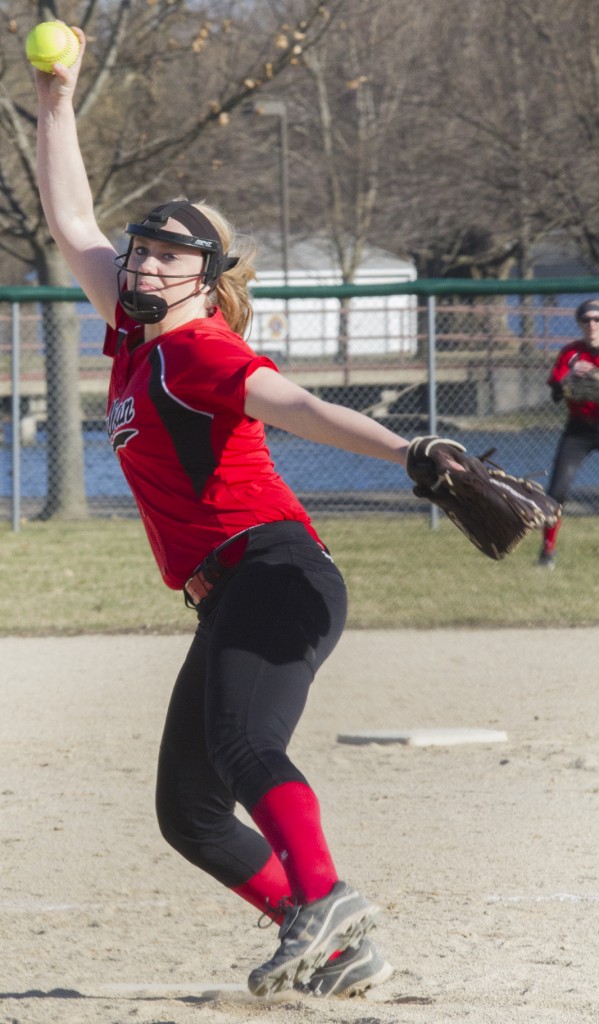 Photo by Keith Stewart Heidi Clements winds up during her time at the mound Tuesday. She went six innings allowing 11 hits and 9 runs while striking out three.