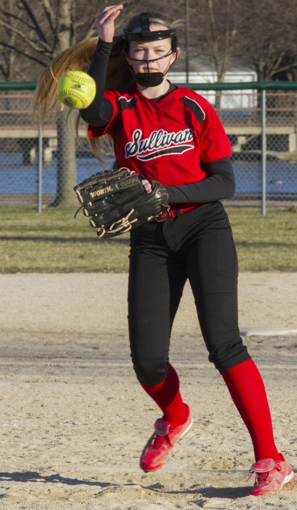 Photo by Keith Stewart Freshman Madison Wall came in to relieve Heidi Clements in the seventh inning at which time she allowed two hits, one run, and one walk.