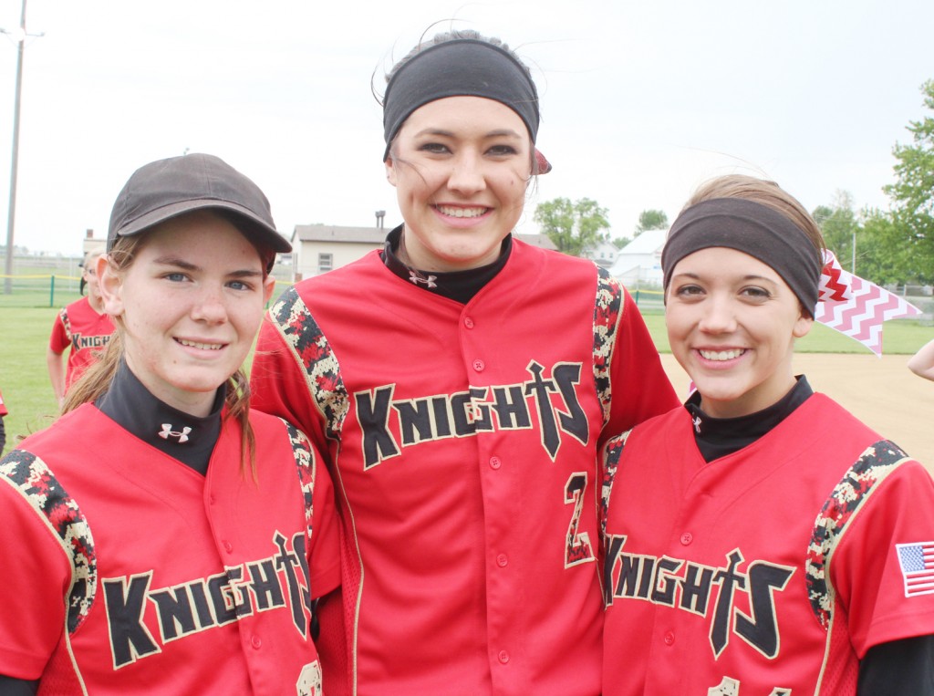 Photo by RR Best Pictured are Arthur-Lovington/Atwood-Hammond high school’s senior softball players who were celebrated last Thursday before their contest against Sullivan, which the Knights lost 13-3. Pictured, left to right: Samantha Landers, Emily Seegmiller, and Brooke Tabb.