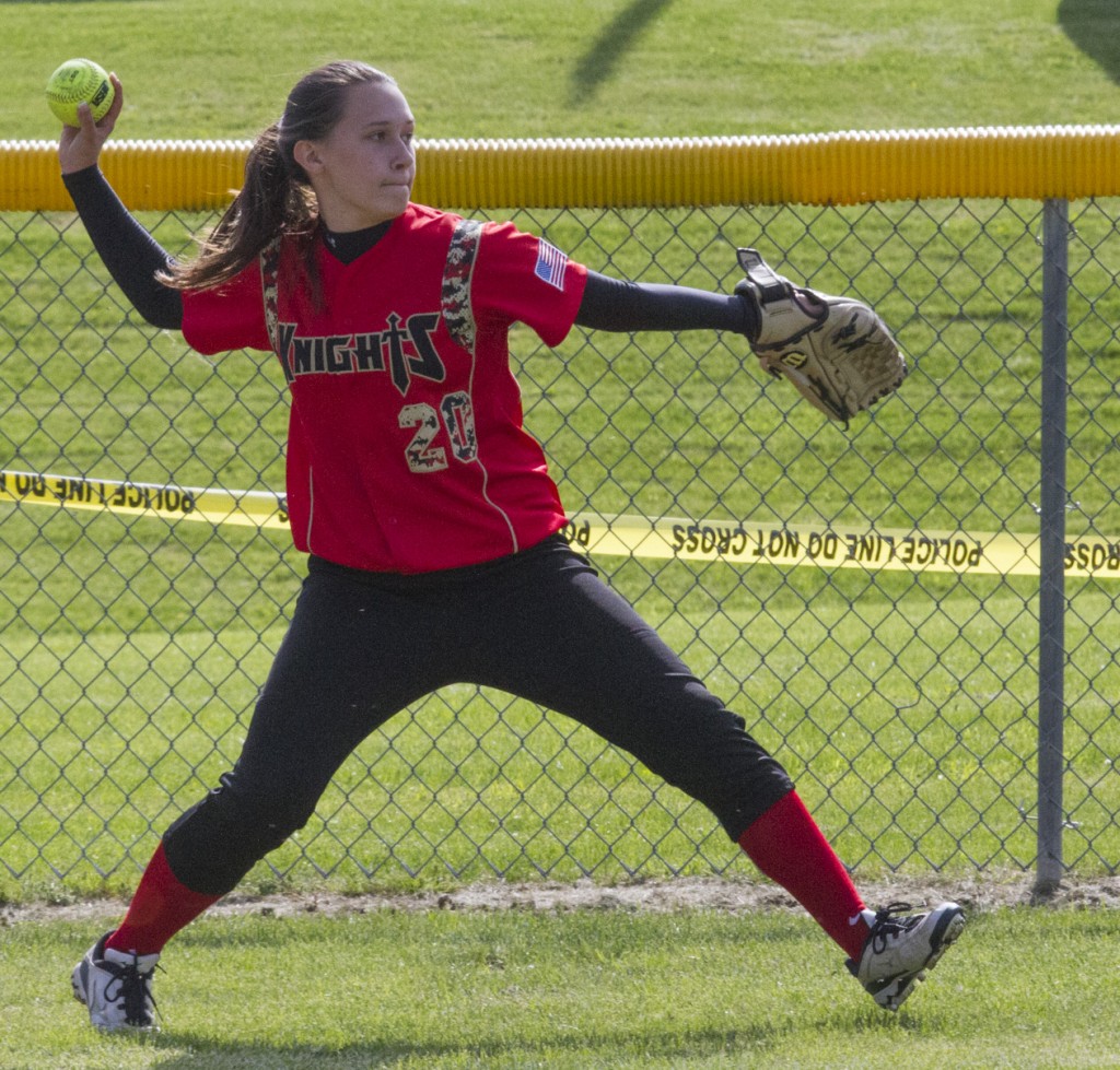 Photo by Keith Stewart Right fielder Jazmine Arnett prepares to throw to the cut-off after tracking down a triple by Bayleigh Tabor in the top of the fifth.