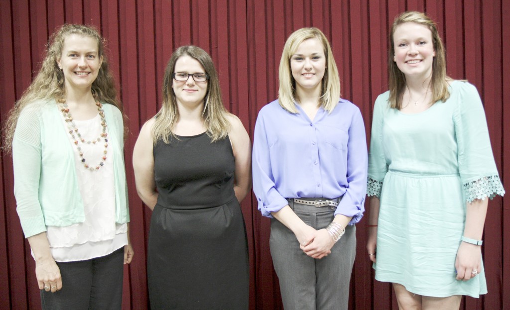 Submitted Three Lake Land College Honors Program students were recognized recently at the annual honors luncheon where they presented findings from the research they conducted through the Honors Program. Pictured here from left are: Maria Boerngen, honors program advisor; Chelsey Lorance of Charleston; Adriene Lane of Sullivan; and Kelsey Beckman of Marshall.