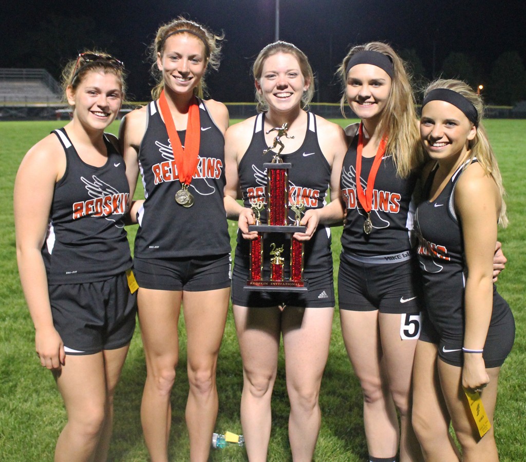 Photo Courtesy of Michelle McClain The SOV girls’ track and field team celebrated its seniors last Tuesday during the Redskin Invitational. Pictured, from left to right, are the team’s five seniors: Caity Ohm, Amanda McClain, Kennedy  Lucas, Emily Neuhauser, and Tori Murphy.