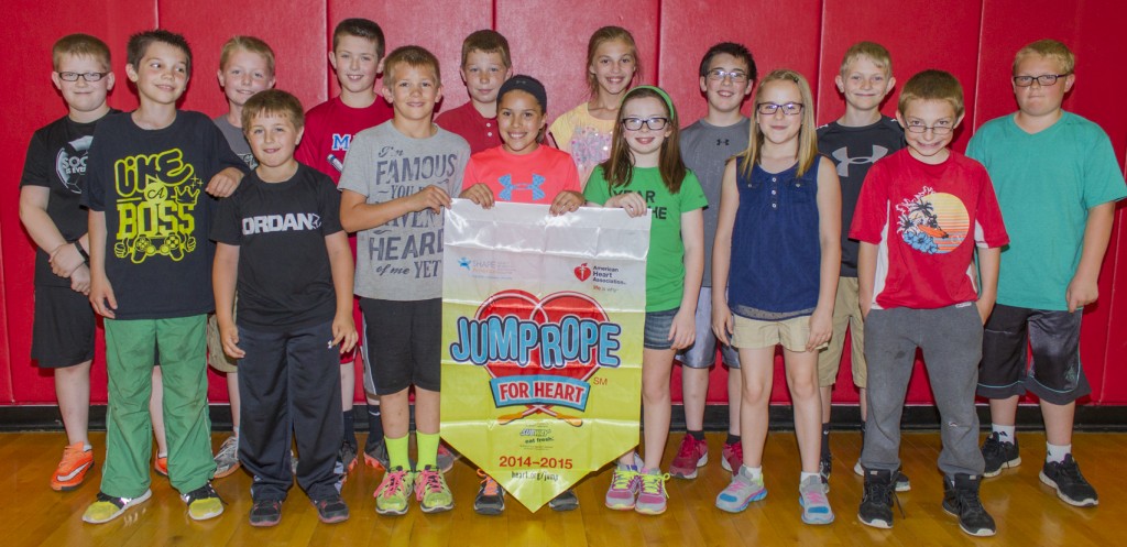 Photos by Keith Stewart LGS Jump Rope for Heart 2015 The Lovington grade school P.E. classes from kindergarten through fifth grade participated in the event April 13-30 and collectively raised  $5,193.85 to donate to the American Heart Association.   From left to right: Chilton Ingram, Xander Barrett, Jaydon Hopkins, Isaiah Bates, Wyatt Hilligoss, Carter Pratt, Devon Barron, Ashylnn Baker, Lucy Duran, Chloe Franklin, Brady Moore, Josie Hale, Cole Wardrip, Caden Schmidt, Hunter Carnahan.  Pictured above are members of Sara Kveton’s fourth grade class who were the top fundraisers with a total of $981.46.