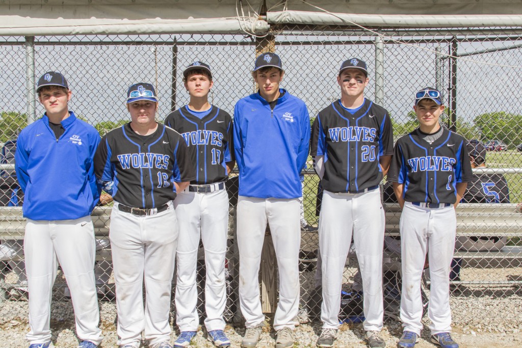 Photo by Keith Stewart Pictured are the Okaw Valley high school senior baseball players who were celebrated last Thursday before their contest against Meridian, which they won 7-0. From left to right: Peyton Hagerman, Tim Jones, Logan Tipsword, Devon Still, Joe Jeffers, and Jay Orris.