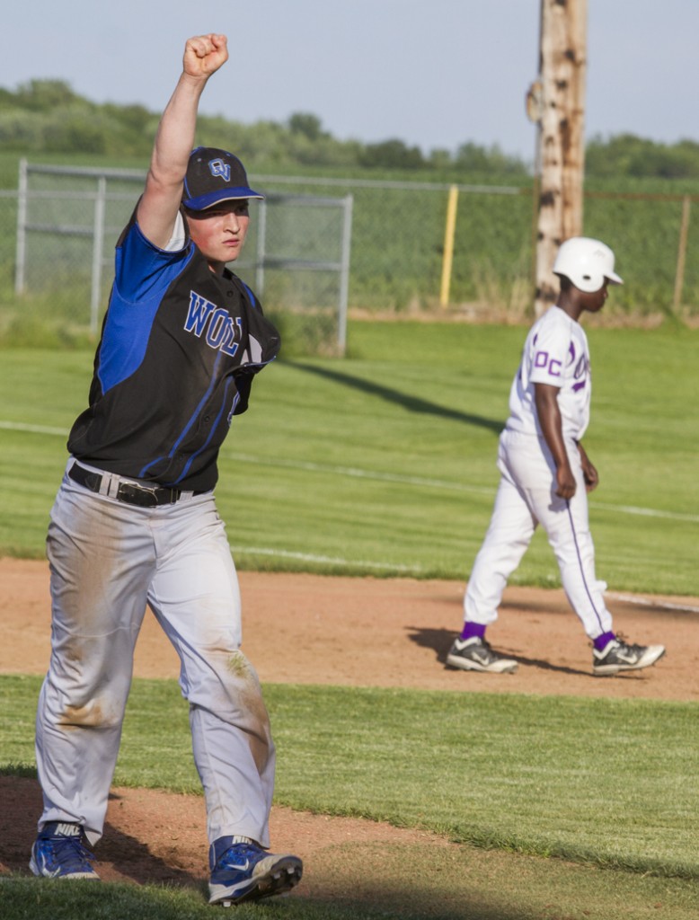 Photo by Keith Stewart Okaw Valley pitcher Peyton Hagerman thrusts his fist into the air after tallying the game-winning strikeout of Wednesday's sectional semi-final against Oakwood.