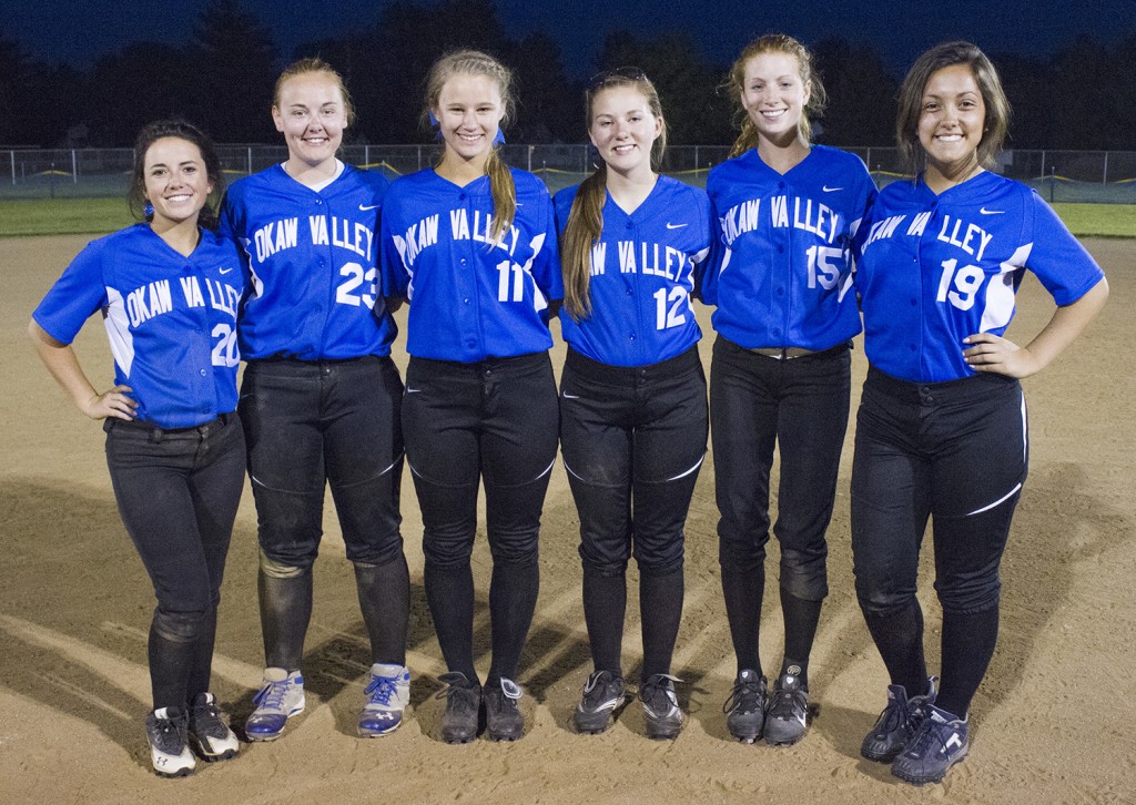 Photo by Keith Stewart Pictured are the Okaw Valley softball team’s six seniors, who were recognized last Wednesday between a double-header against Argenta-Oreana. From left to righ: Paige Harlin, Amy Orris, Savannah Birch, Hayley Carlson, Amanda McClain, and Keeley Benning.