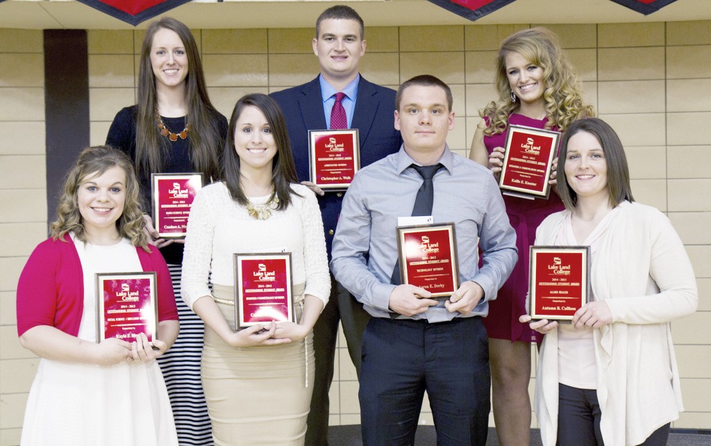 Submitted At the Lake Land College Student Recognition Banquet, seven students received the Outstanding Student Award for their academic division. In the back row, from left are: Candace Niemerg, Dieterich, Math and Science Division; Christopher Walk, Neoga, Agriculture Division; and Kallie Koester, Effingham, Humanities and Communication Division. In the front row, from left are: Kayla Black, Brownstown, Social Science and Education Division; Camille Niccum, Greenup, Business Division; Aaron Derby, Sullivan, Technology Division; and Autumn Cullison, Casey, Allied Health Division.