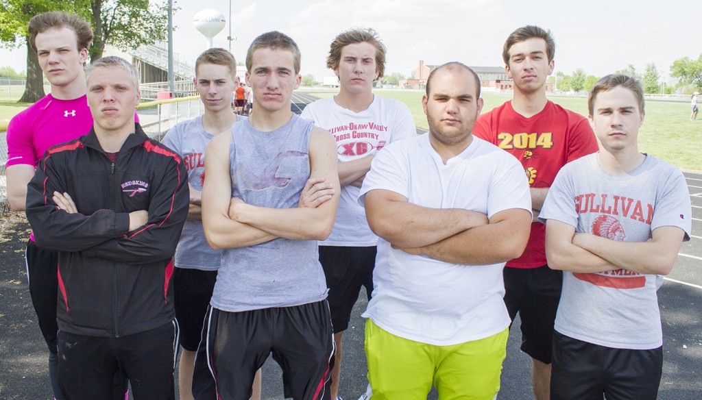 Photo by Keith Stewart The SOV boys’ track and field team celebrated its 10 seniors during last Tuesday’s Redskin Invitational. Pictured, left to right: Calen Landrus, Zach Devore, Brent Mauck, Clayton Waldhoff, Nick Cravatta, Jed Wheeler, Keegan Kruckeberg, and Jacob Cameron. Not pictured are Dakota Clayton and Drew Harris.