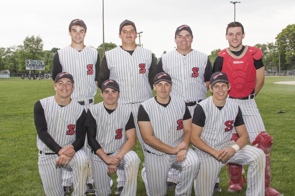 Photo by Keith Stewart Pictured are Sullivan high school’s senior baseball players who were celebrated last Thursday during their contest against Pana, which the Redsksins won 10-0. Front row, left to right: Nick Frerichs, Jacob Piper, Brody Elder, and Dylan Hart. Back row: Drew Harris, Dakota Clayton, Levi Nadler, and Matthew Sparrow.