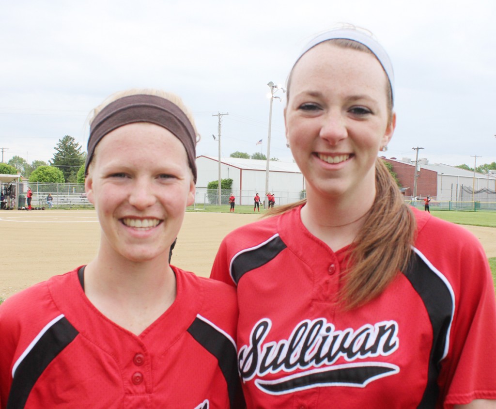 Photo by RR Best Pictured are Sullivan high school’s senior softball players who were celebrated last Saturday during their annual invitational tournament in which they placed second. Pictured, left to right, are Elissa Stewart and Brittin Boyer.