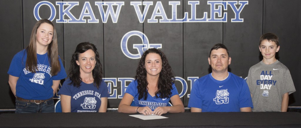 Photo by Keith Stewart Recent Okaw Valley graduate Paige Harlin signed her letter of intent to play golf at Tennessee State University in an April 21 ceremony. Pictured, left to right are: younger sister Grace, mother Amber, Paige, father Jeremy, and younger brother Miles.