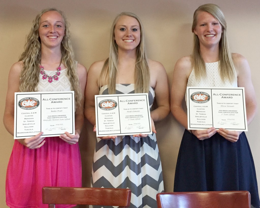 Submitted Sullivan Softball All-Conference and Team Awards Pictured are the members of the Sullivan high school softball team that received all-Central Illinois Conference recognition and/or team awards. From left to right: Bailee Pratt, all-CIC honorable mention; Heidi Clements, second-team all-CIC, MVP and Co-defensive player of the year; and Elissa Stewart, second-team all-CIC, offensive player of the year. Pictured, below, is Allison Miller, most improved. Not pictured are Makenzie Ruppert, all-CIC honorable mention and co-defensive player of the year; and Ciara Anderson, hustle award.