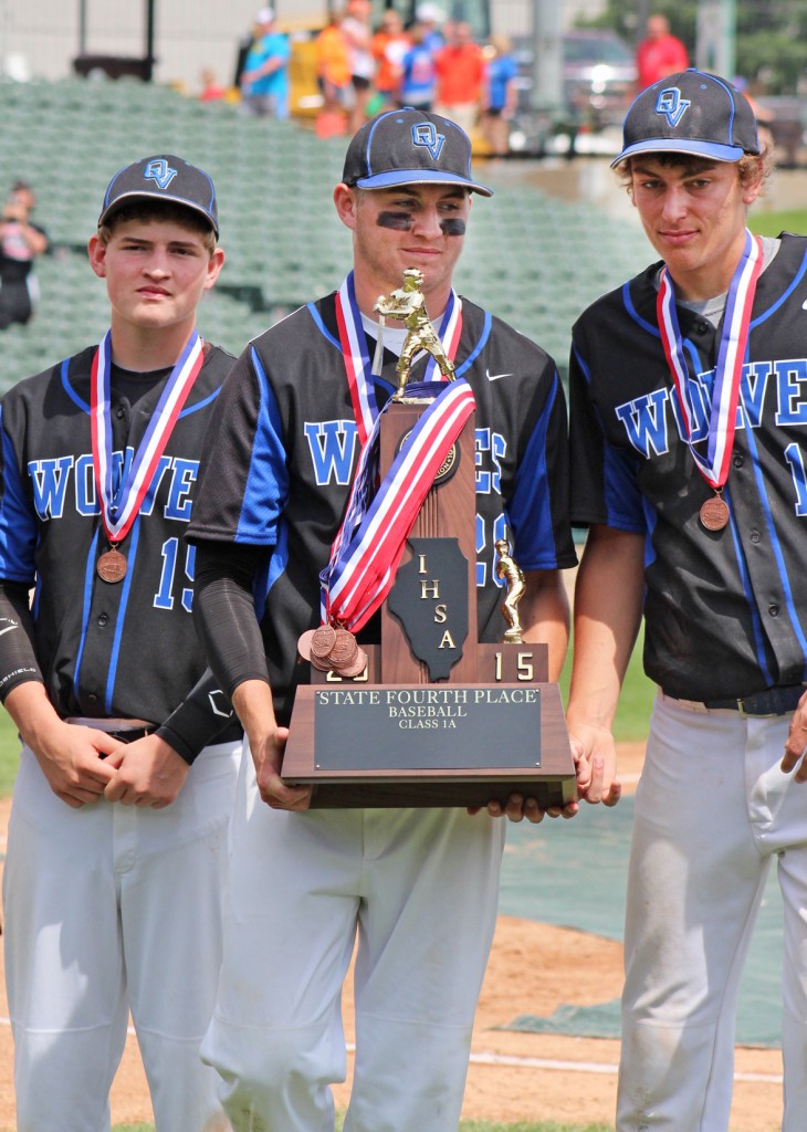 Photo by RR Best Okaw Valley’s baseball team took home a fourth place state trophy from this past weekend’s tournament in Peoria. Pictured, left to right, are Peyton Hagerman, Joe Jeffers, and Devon Still. 