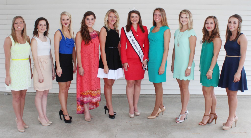 Photo by RR Best Miss Moultrie-Douglas Contestants Pictured are the contestants who will compete in the 53rd annual Miss Moultrie-Douglas pageant , which will be held Tuesday, July 7 at 7 p.m. in Arthur. Pictured, from left to right, are this year’s contestants: Kiela Martin, Villa Grove; Becca Greathouse, Arthur; Ashton Doty, Bethany; Lauren Cody, Sullivan; Taylor Reifsteck, Tuscola; 2014 Miss Moultrie-Douglas Maria Meyer, Tuscola; Lexi Sluder, Tuscola; Gabrielle Uphoff, Sullivan; Michelle VanCleave, Tuscola; and Brittany Rader, Lovington. Not Pictured – Morgan Miller, Sullivan; Karla Madden, Newman;  Hannah Leal, Arthur