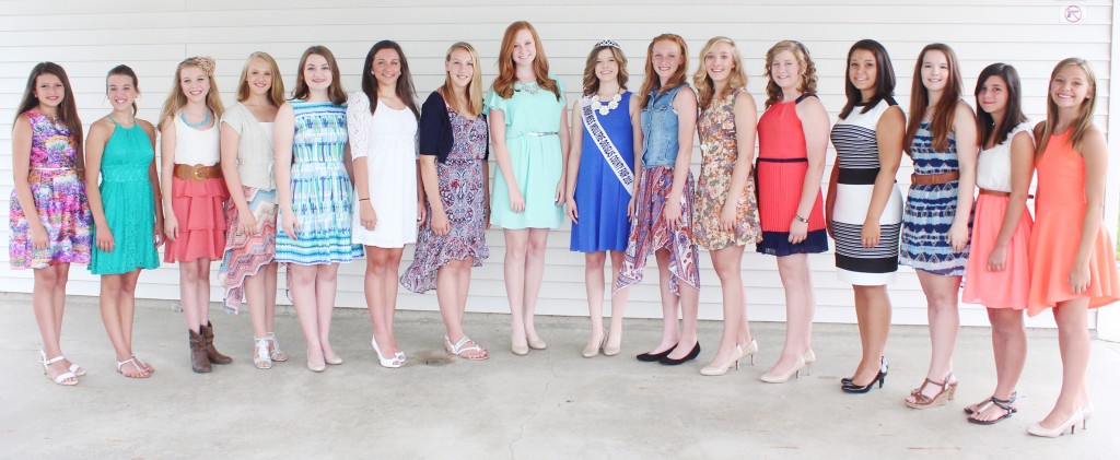 Photo by RR Best Jr. Miss Moultrie-Douglas Contestants Pictured are the contestants who will compete in the Jr. Miss Moultrie-Douglas pageant , which will be held Monday, July 6 at 7 p.m. in Arthur. Pictured, from left to right, are this year’s contestants: Kali Pierce, Tuscola;Lexie Jaeger, Arcola; Julia Kerkhoff, Tuscola; Calista Clark, Lovington; Sydney Hoel, Tuscola; Janette Comstock, Lovington; Brandi Reinhart, Tuscola; Sidney Edwards, Oakland; 2014 Jr Miss Moultrie-Douglas Kayla Hodge, Arthur; Kenli Nettles, Lovington; Sabrina Alcorn, Tuscola; Emma Lee, Arthur; Faith Hardwick, Tuscola; Madysen Melton, Arcola; Meyha Evans, Arthur; and Logan Streible, Atwood. Not pictured is Kyla Carson, Arthur.