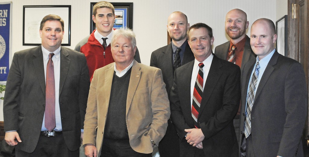 Submitted Talking Education A group of local educators recently met with State Sen. Chapin Rose (R-Mahomet) to discuss education issues in the state. Pictured, inside Sen. Rose’s Capitol office are (back row, left to right): John Harwood, Dan Allen (Sullivan H.S. teacher), and Ted Walk (Sullivan H.S. assistant principal). Front row: Sen. Chapin Rose (R-Mahomet), Steve Poland, Brad Tuttle (Sullivan superintendent), and Erik Young (Sullivan H.S. principal).