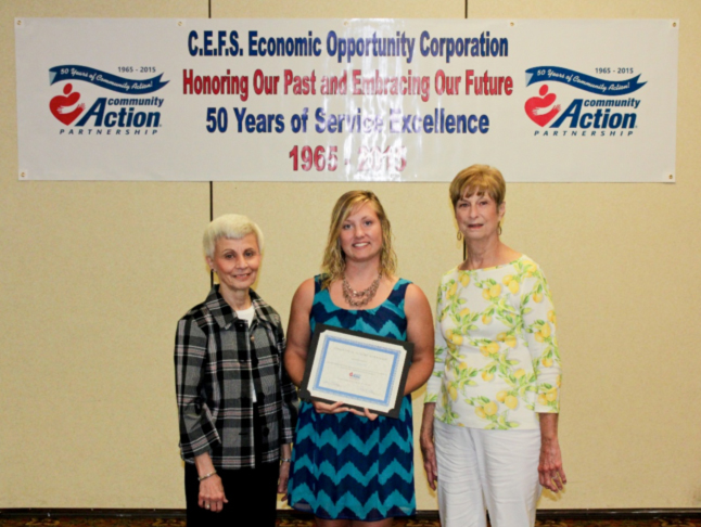 cut with scholar story and pic C.E.F.S. Economic Opportunity Corporation recently awarded educational scholarships at their 2015 Annual Board of Directors meeting.  Pictured (L-R): Vickie Bowers, board member, Alana Bernardi and Arlene Aschermann, board member.