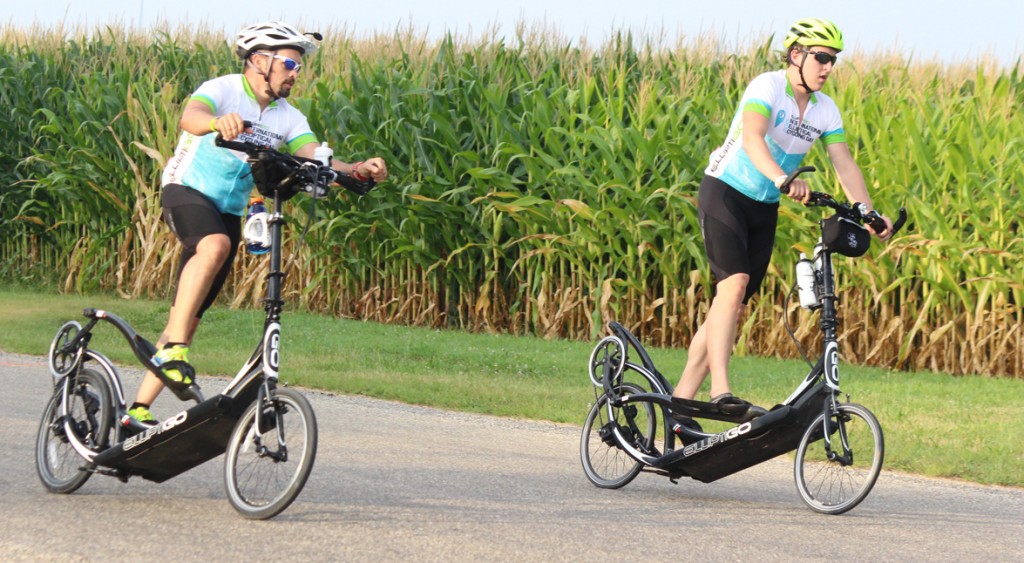 Photo by R.R. Best  Corn bikers -ElliptiGo riders Brandon Simmons and Jordan Trump enjoyed the Sullivan Area Arts Bicycle Tour: Cruisin’ the Cornfields, Saturday. They liked the ride so much they rode to Sullivan from Moweaqua, took part in the 41 mile tour, then rode their bikes back to Moweaqua.