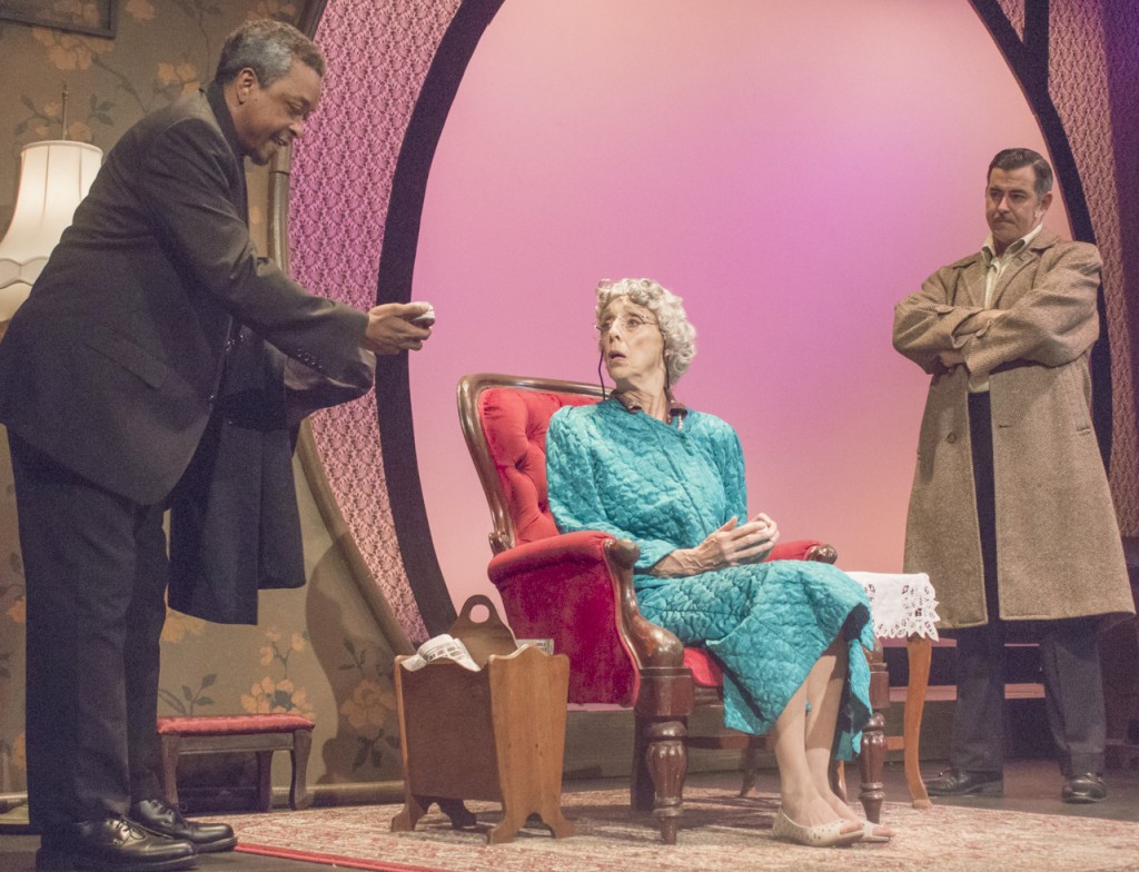 Photo by Keith Stewart Chauffeur Hoke Colburn (played by Equity actor Bryant Bentley, left), returns a can of salmon, unaware that Miss Daisy (played by Glory Kissel, middle) had just moments before accused him of stealing in a conversation with her son Boolie (played by Jesse Sharp, right).