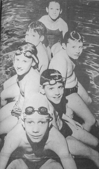 Photo Courtesy of the News•Progress Archives Pictured are six members of the 1983 Blue Dolphins Swim team which qualified for the Junior Olympics that March. Those who qualified were, clockwise from the top, Heather Highland, Darren Powell, Brad Voltz, now current Blue Dolphins Head Coach Jason Drury, Trenton Guyot, and Justin Dunscomb. 