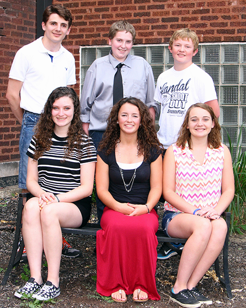 Photo by Jeni Yantis Homecoming attendants at Okaw Valley High School are: Front Row: Sydney Hagerman (junior), Grace Harlin (sophomore), Gracie Weybright (freshman) Back Row: Jon Gentry (junior), James Burnes (sophomore), Sam Hagerman (freshman).