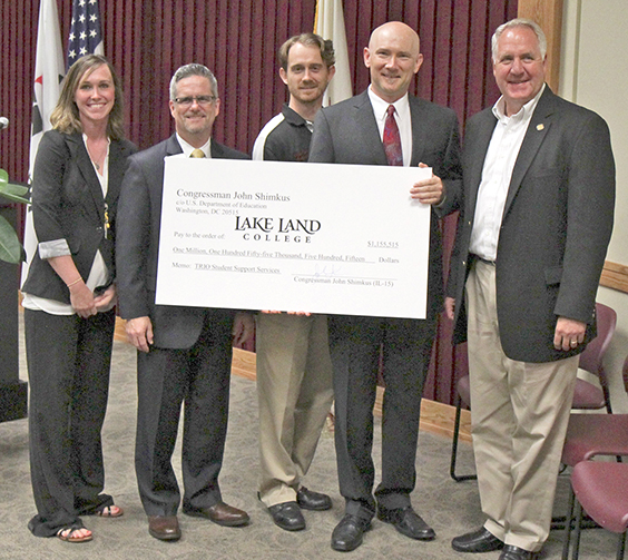 Photo furnished TRiO Grant for LLC Congressman John Shimkus (R, Illinois-15) today announced that Lake Land College has been selected by the U.S. Department of Education to receive a TRiO Student Support Services grant award, in the total amount of $1.15 million over the next five years. Pictured here from left are: Amber Niebrugge, TRiO advising counselor; Lake Land College President Josh Bullock; TRiO student Clyde Powell, Charleston; Marko Mohlenhoff, director of TRiO Student Support Services; and Congressman John Shimkus.