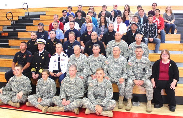 Photos by RR Best Patriots Day in Sullivan Schools Sullivan High School and Middle School observed Patriot Day Sept. 11 with a program prepared by Rebecca Lawson’s Career English students. Upper left photo: first responders from the Sullivan area were honored during the assembly in the high school gym. Right upper photo: Jeff Waite was presented gift bag from Lawson. Waite helped prepare the first Patriot Day observation six years ago. Center left: School volunteer Scott Bales (left) and fireman Kaleb Randall demonstrate fire extinguisher use for students. Right center photo: all the first responders and helpers who made Patriots Day possible. Bottom photos left: Kaleb Randall sets up various fire extinguishers for student training session. Right: Lawson and students present Sullivan first responders Larry Edwards and Andy Pistorius with gift baskets prepared by the class.