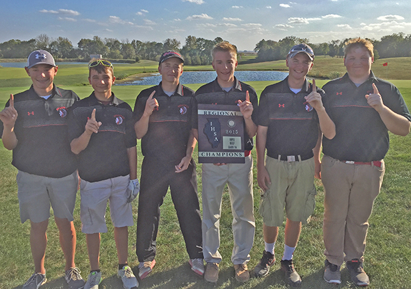 Sullivan  Golf  Regional Champs  The Redskins boys’ golf team had another great day of competition. They earned first place as a team at the 1A Regional Tournament at Fox Prairie Golf Course in Windsor. The Redskins shot a 346 as a team which resulted in a tie with Arcola/Arthur-Lovington/Atwood-Hammond! They went to the fifth scores as a tiebreaker for the win. The team was led by Caden Ellis with an 81. Leighton Burcham shot 87, Eric Keller 89, Tommy Schibur 89, Joey Davison 98 and Adam White 106. They headed to El Paso Monday for the Sectional tournament. Left to right. Caden Ellis, Leighton Burcham,Tommy Schibur,Eric Keller, Adam White and Joey Davison. Ben Richter is Sullivan’s Golf Coach.