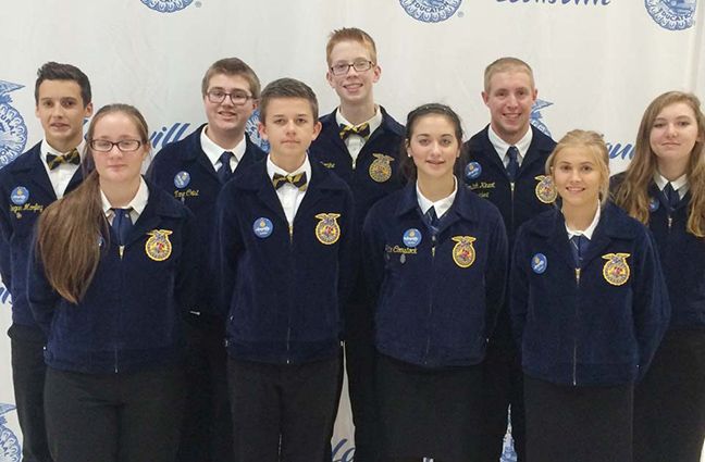 Photo Submitted National Convention (chapter): ALAH FFA members attended the National FFA Convention for the final time in Louisville, Kentucky. Pictured (front L to R) Katie Gingerich, Adam Hingson, Janette Comstock, and Makenna Green. (Back L to R) Keegan Morfey, Zane Crist, Colton Romine, Josiah Kinert, and Jordan Jent. 