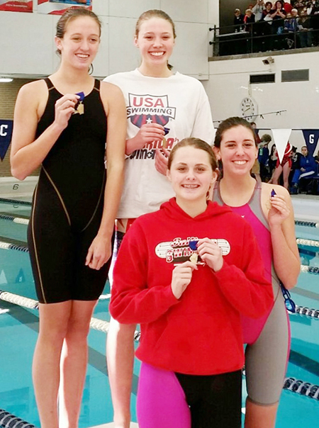 Photo submitted Blue Dolphin first place relay team. Top row- Natalie Drury, Anna Wooters Bottom row- Brynna Sentel, McKenna Kull.