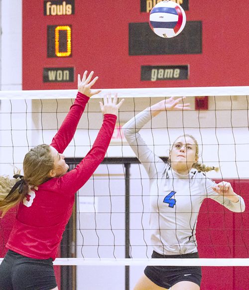 Photo by Keith Stewart Okaw Valley’s Madison Fox watches the ball after tipping it over the net Thursday against St. Anthony during the Neoga regional semi-final. 