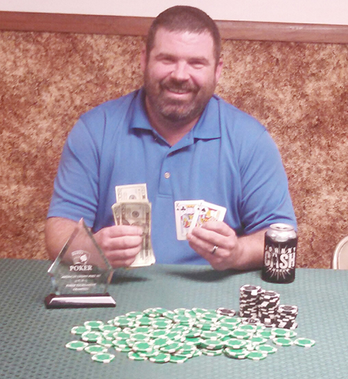 Photo provided Bethany Legion Poker Winner Matthew “The Head” Hunter was winner of the Bethany American Legion Post 507 poker tournament that was held Dec 12.  Hunter bested a field of 57 players to bring home the trophy and win the biggest tournament to date.