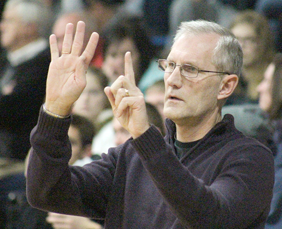 Photo by RR Best Former Sullivan Principal Stu Hott, Shelbyville basketball coach, has recovered from health issues and was back on the floor with the Shelbyville Rams last week. Hott was long time administrator in the Sullivan School District.