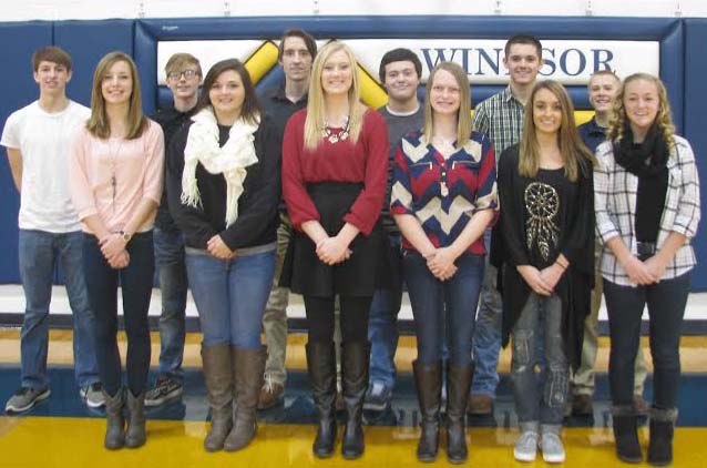 Photo furnished Windsor High School Homecoming Court Windsor High School will host homecoming December 12 at the high school.  Coronation will begin at 7:30 p.m., and the dance will take place from 8-11 p.m.   The theme is Adventures in Wonderland. Pictured is the homecoming court. Above: Back row (L to R):  Sophomore attendant Brad Farmer, king candidates Todd Elliott, Mitchell Haddock, Tyler Kemper, junior attendant Travis Fox, and freshman attendant Beau Bennett.   Front row (L to R):  Sophomore attendant Mikayla Haddock, queen candidates Breana Wiltermood, Mercedez Austin, Kristen Morlen, junior attendant Kaitlyn Armes, and freshman attendant Carson Cole