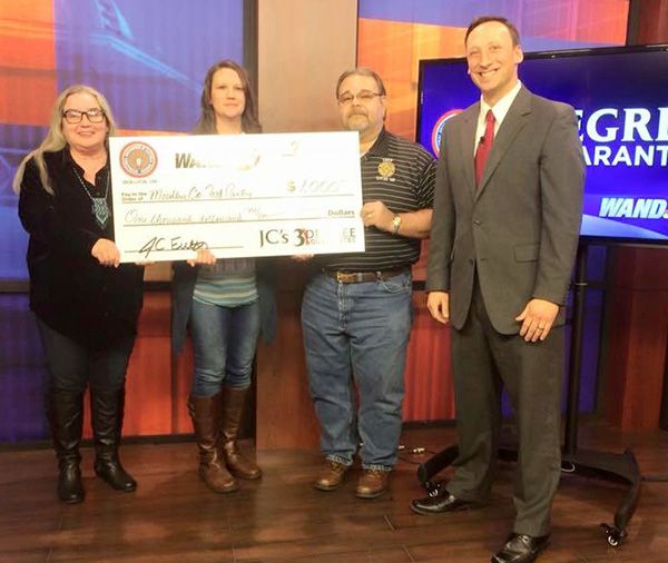 Photo courtesy WANDTV Donor Matches 3 Degree Donation Moultrie County Food Pantry received WAND/IBEW 3 Degree Challenge donation on the air February 3. Director Kristy Dawson and Nancy Kenton from the Food Pantry  are pictured along with Ron Cummings from IBEW Local 146 and Chief Meteorologist JC Fultz.  “I am so excited that we were able to give back to an area that I grew up in!” the Bethany native said during the presentation. He announced the $1000 3 Degree donation had been matched by an anonymous donor to give the Food Pantry an additional $2000 to help those in Moultrie County. 