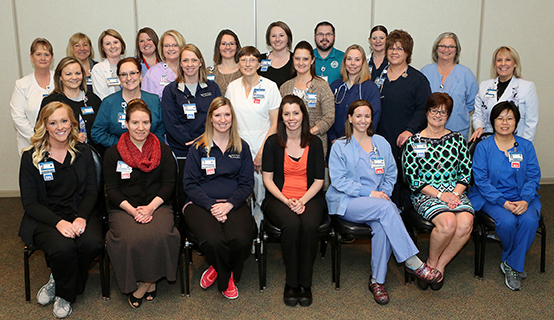 Photo furnished Sarah Bush Lincoln certified nurses and respiratory therapists pictured are: (Back row, left to right) Darla Lawson, RN, Carol Ray, RN, Michelle Buenker, RN, Becky Clement, RN, Dena Cochran, RN, Lynn Berner, RN, Jody Deters, RT, Brent Ryherd, RT, Ramona Tomshack, RN, Kim Jones, RN; (Middle row) Lisa Dyer, RN, Monica Callaway, RN, Debbie Murray, RN, Karen McComas, RN, Rita Heuerman, RT, Lexie Caraway, RT, Jennifer Markwell, RT, Lisa Woodward, RN, CNO; Front row) Kaitlin Denson, RN, Elizabeth Davis, RN, Taylee Eldridge, RN, Krista Schulte, R), Kacie Richey, RN, Ruth Bray, RN, Enna Torrepalma, RN.