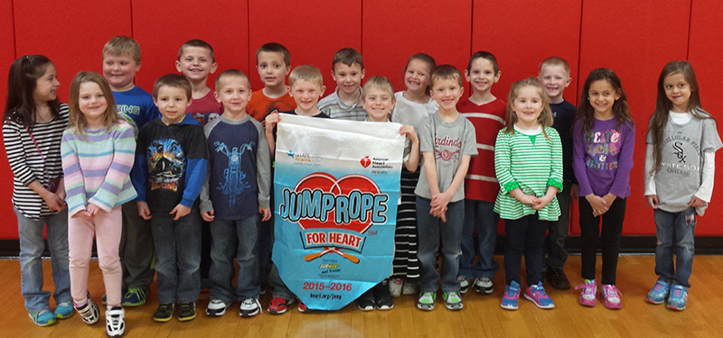 Photo furnished Lovington Kids Jump Lovington Grade School raised $3,011 dollars this year for Jump Rope for Heart. That was well over the school goal of $2,000. Kelly Martina’s kindergarten class raised the most money with $816. Left to right front row: Norma Mendoza, Randi Tedrick, Tylan Zander, Maddox Crum, Jansen Burnett, Kade Ballinger, Kit Kauffman, Elizabeth Fitzgerald, Bella Menna, Mya Bowman. Back row: Zebediah Peck, Jonah Burket, Aiden Erixon, Skyler Mitchell, Lyla Sutton, Gabriel Devenbaugh, Cannon Doggett.The top individual fundraiser was fifth grader Chloe Franklin who raised $250. 