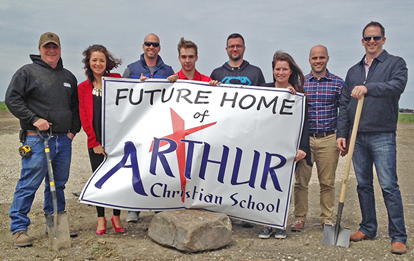 Photo furnished Arthur Christian School Breaks Ground The new facility for Arthur Christian School will be more than double the size of the current space. The new facility will serve around 250 students as opposed to the current space with a max capacity of approximately 90. The future school home will also accommodate athletic events. Ground Breaking photo: left-right - Vern Kuhns (school board member and general contractor overseeing project), Valerie Kuhns (student council member), Dave Witbeck (school board member), Landon Gingerich (student council president), Jeremy Rhoades (school board member), Abby Mast (student council member), Greg Mast (ACS principal), Chad Yoder (school board president).