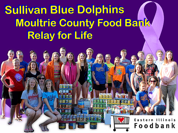 Blue Dolphin Food Drive Does Well Blue Dolphins coach Jason Drury once again set a goal for the Dolphins, and once again they went beyond his expectations. SBD set a summer food drive challenge of 600 cans. The total cans is 795. Not only are the Dolphins filling the Food Bank shelves this summer, they are also helping Relay for Life.  The Relay for Life team uses the cans to hold the luminaries and then turns them over to the Food Bank. Relay for Life Food Bank Donation Back Row: Brodie Goss, Coach Jason Drury, Brynna Sentel, Natalie Drury, Charlie Goss, Tyler Homann, Addison Graham, Ryan Schodlatz, Noah Kersten; 3rd Row: RFL Jessi Jess, Natalie Turnbaugh, Anna Wooters, Allison Oligschlaeger, McKenna Kull, Nicole Homann, Gabby Spain, Jessica Renfro, Mackenzie Erixon, CEFS Director Kristy Dawson; 2nd Row: RFL Diane Waggoner, Sofia Nuzzo Front Row: Calista Clark, Lilly Graham, Emily Crosier, RFL Jamie Crosier Photo furnished