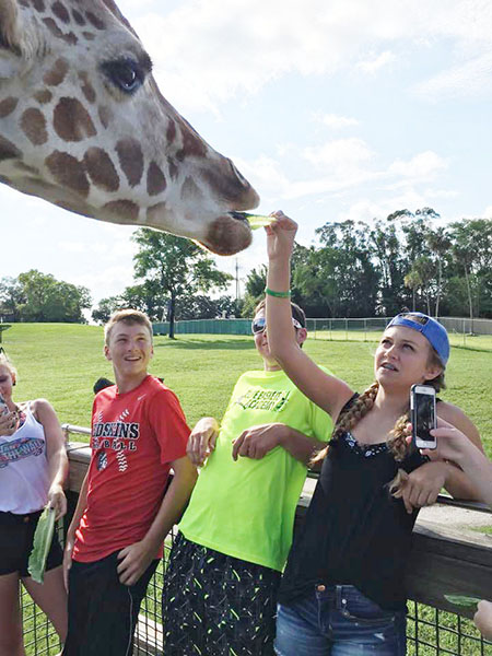 Photo furnished Giraffe feeding by Kiley Will with Dalton Rogers and Cullen Dyer looking on. 