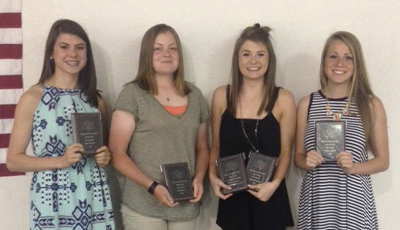 Photo furnished SOV Track Awards Banquet Award winners from the SOV girls’ track banquet are from left to right:  Co-Captain-Ashlynd Risley, Co- Captain- Hannah Elzy, Co-Captain & Lady Redskin Award- Alyssa Marshall, High Points- Laine Cameron. 