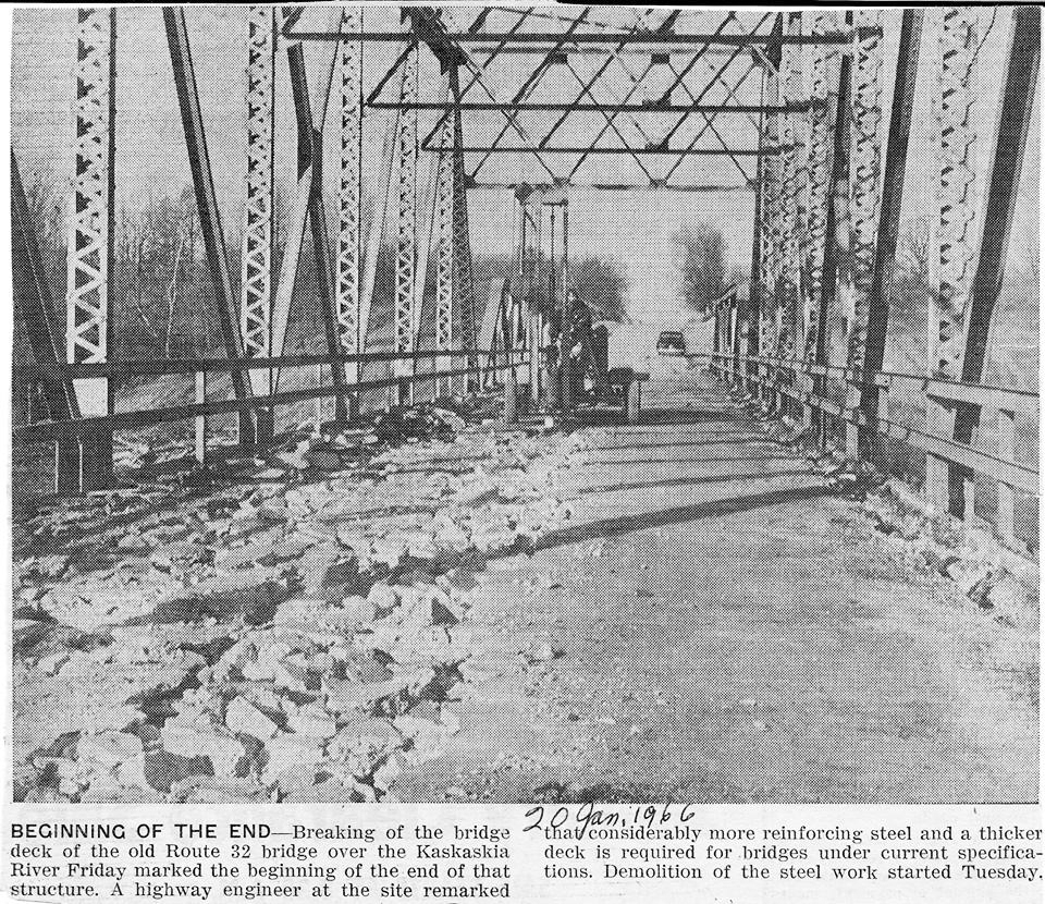 Pictured above is the breaking of the bridge deck of the old Route 32 bridge over the Kaskaskia River marking the beginning of the end of the structure. This photo was taken in early 1966. Please submit photos to the News Progress for future consideration. Originals will be saved for return or forwarded to Moultrie County Historical Society. If you have any other information, please contact the Moultrie County Historical Society at 217-728- 4085.